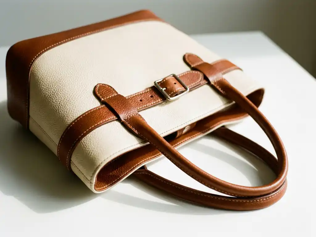Cognac brown leather handbag with visible pores and stitching on a white studio surface, warm specular highlights and soft directional shadows.