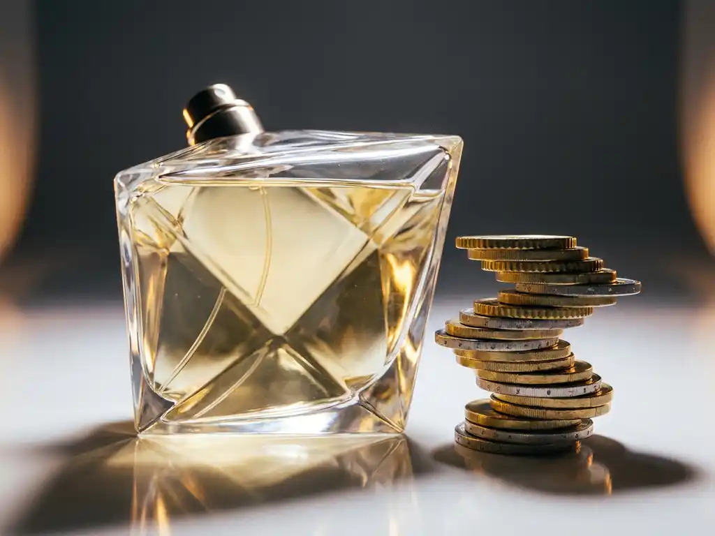 Luxury geometric glass perfume bottle beside a stack of euro coins on a white studio surface with warm gold lighting.