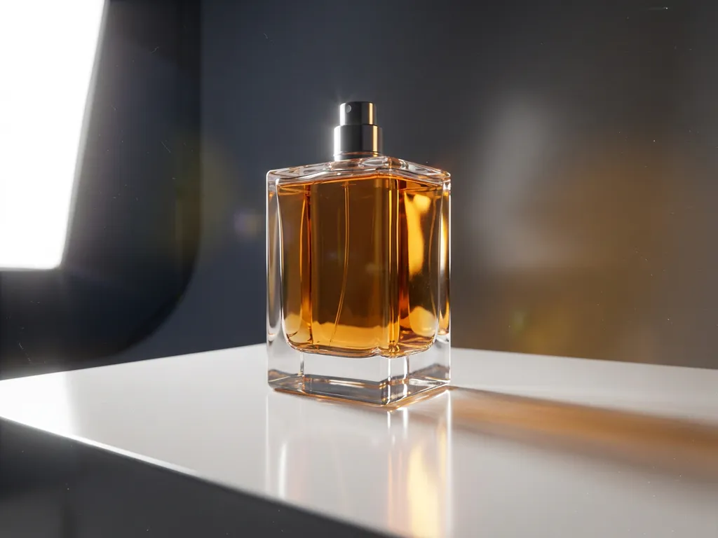 Luxury perfume bottle with amber accents on a polished white surface, dramatic studio lighting casting soft shadows with photorealistic glass reflections.