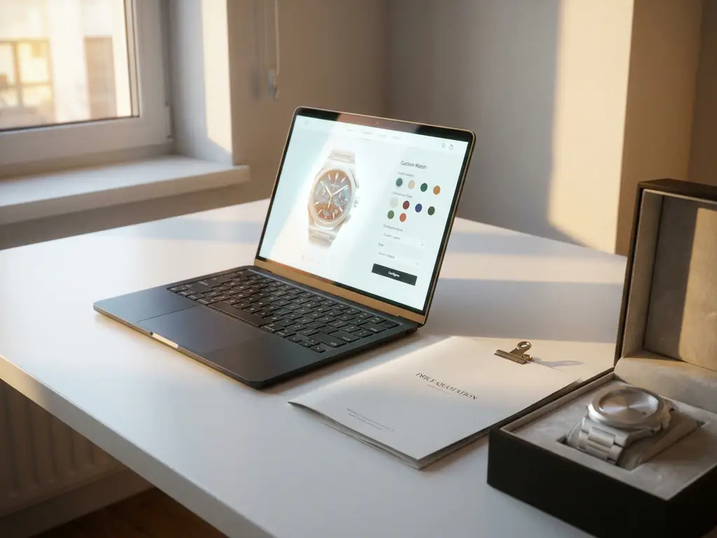 Laptop displaying a 3D product configurator beside a printed price quote and luxury product sample on a minimal white desk.