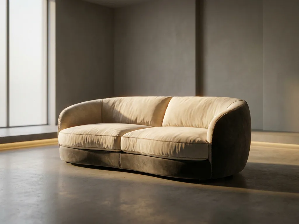 Photorealistic CGI sofa in ivory and charcoal fabric with detailed stitching, lit by warm golden accent lighting in a minimalist studio.