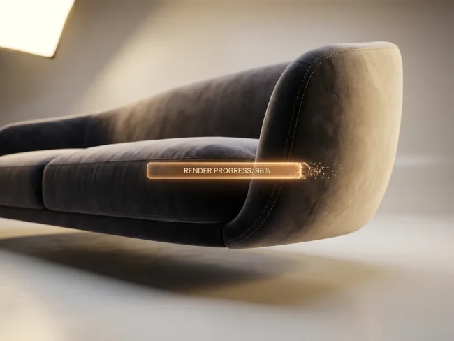 Luxury velvet sofa with precision stitching rendered in a minimalist studio, lit by warm amber light against cream and charcoal tones.