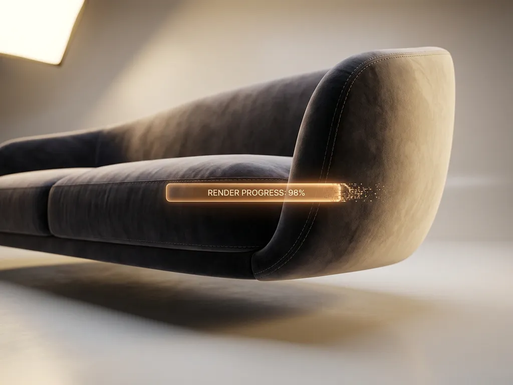 Luxury velvet sofa with precision stitching rendered in a minimalist studio, lit by warm amber light against cream and charcoal tones.