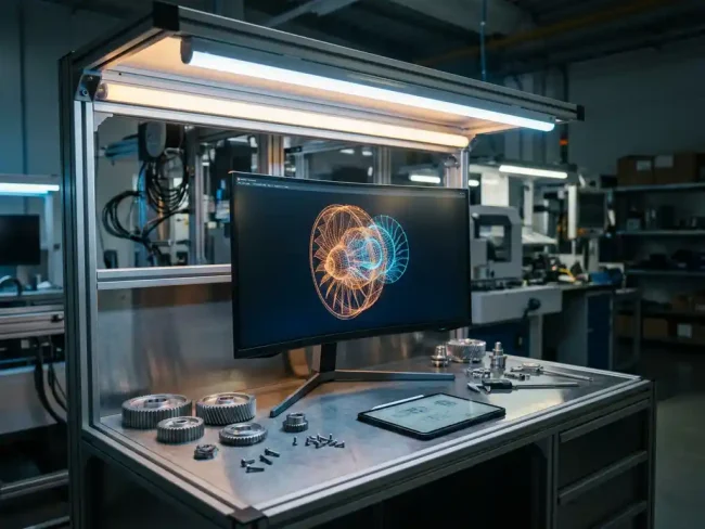 Manufacturing workstation monitor displaying glowing 3D product model alongside precision mechanical components and digital tablet.