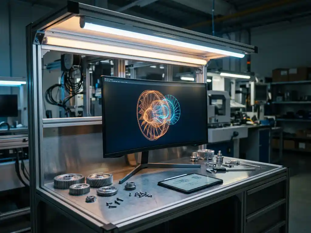 Manufacturing workstation monitor displaying glowing 3D product model alongside precision mechanical components and digital tablet.