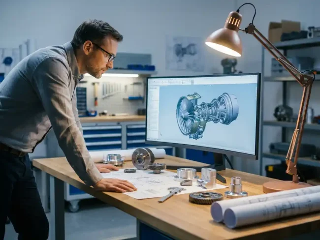 Mechanical engineer reviewing a 3D CAD model on a monitor surrounded by precision metal parts and technical drawings.