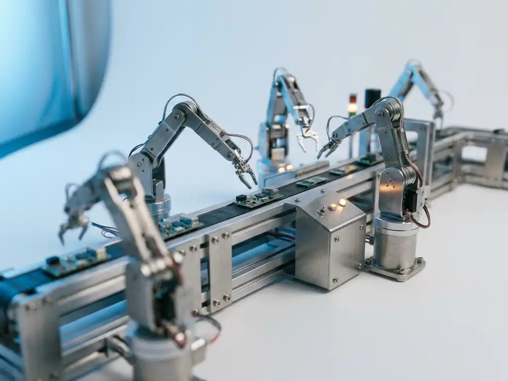 Miniature photorealistic factory assembly line with robotic arms in motion on a white surface, bathed in cool blue and steel grey tones.