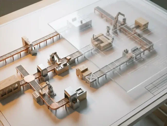 Miniature factory floor layout on a white drafting table with modular assembly line components and translucent acrylic planning overlay.