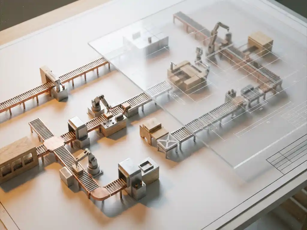 Miniature factory floor layout on a white drafting table with modular assembly line components and translucent acrylic planning overlay.