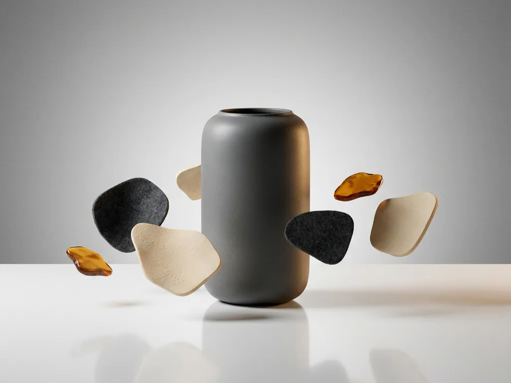 Minimalist ceramic vase emerging from soft grey void with floating material swatches in charcoal, ivory, and amber tones under studio lighting.