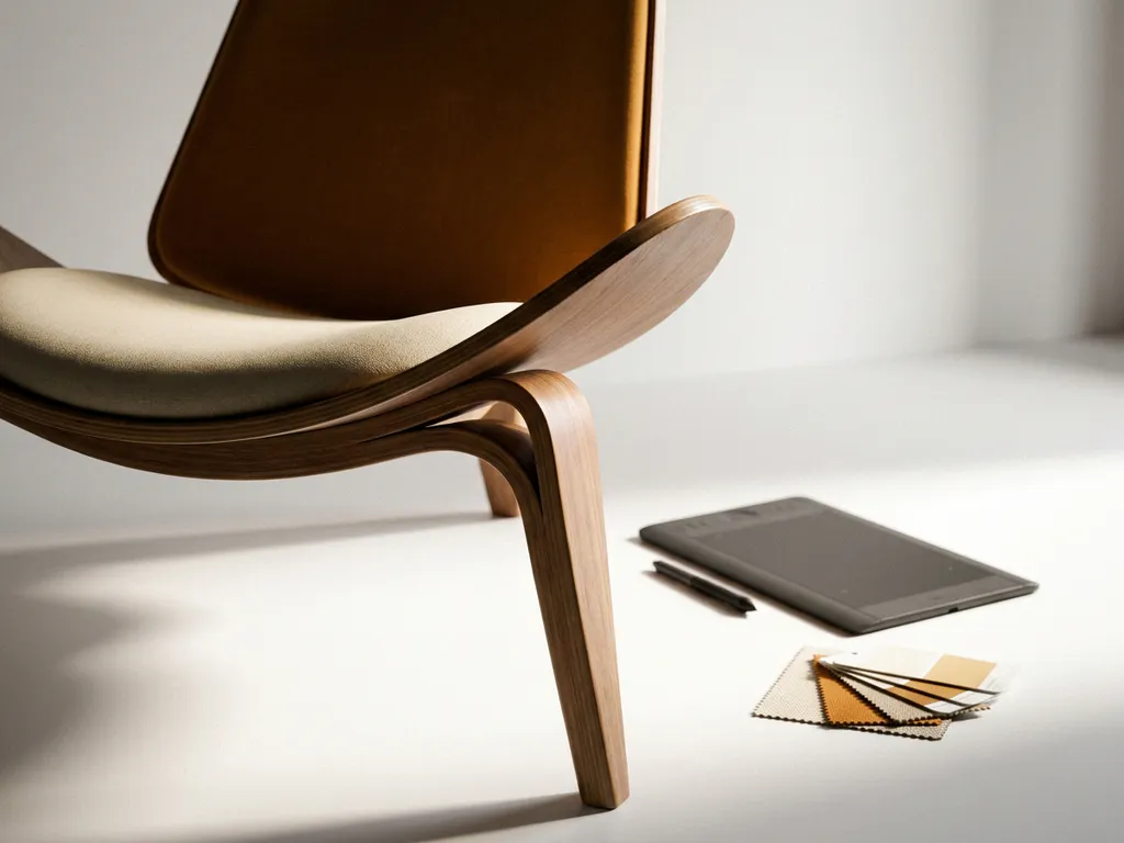 Sleek modern chair 3D render materializing on white studio surface with rim lighting, color swatches, and designer's tablet nearby.