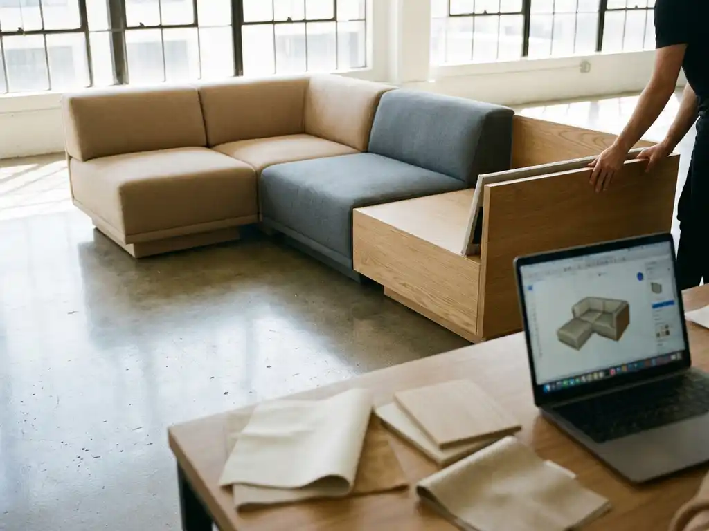 Modular sofa being assembled on polished concrete showroom floor with 3D configuration laptop, ivory and oak material swatches in warm natural light.