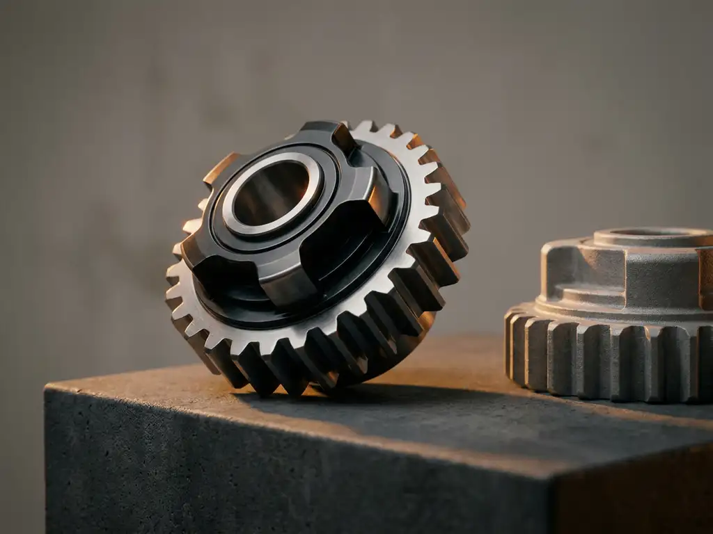 Polished precision-engineered metal component under dramatic studio lighting, with sharp shadows and specular highlights on a charcoal surface.