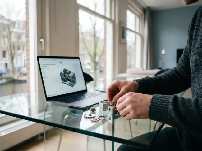 Hands arranging precision gears and modular components on a glass desk beside a laptop showing a 3D product model in a modern studio.