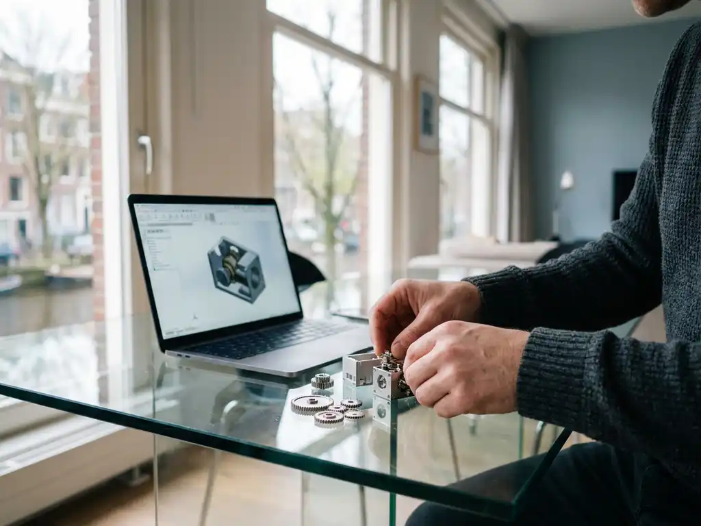Hands arranging precision gears and modular components on a glass desk beside a laptop showing a 3D product model in a modern studio.