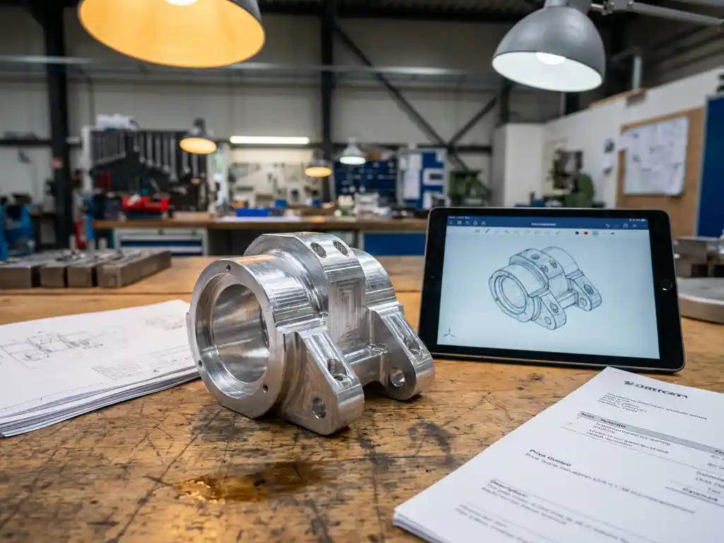 Precision-engineered metal component on a factory workbench beside a tablet showing a 3D model, technical specs, and a price quote.