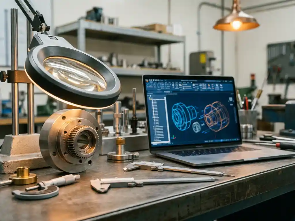 Precision metal component examined under magnifying lens on inspection bench with calipers and laptop showing 3D renders in background.