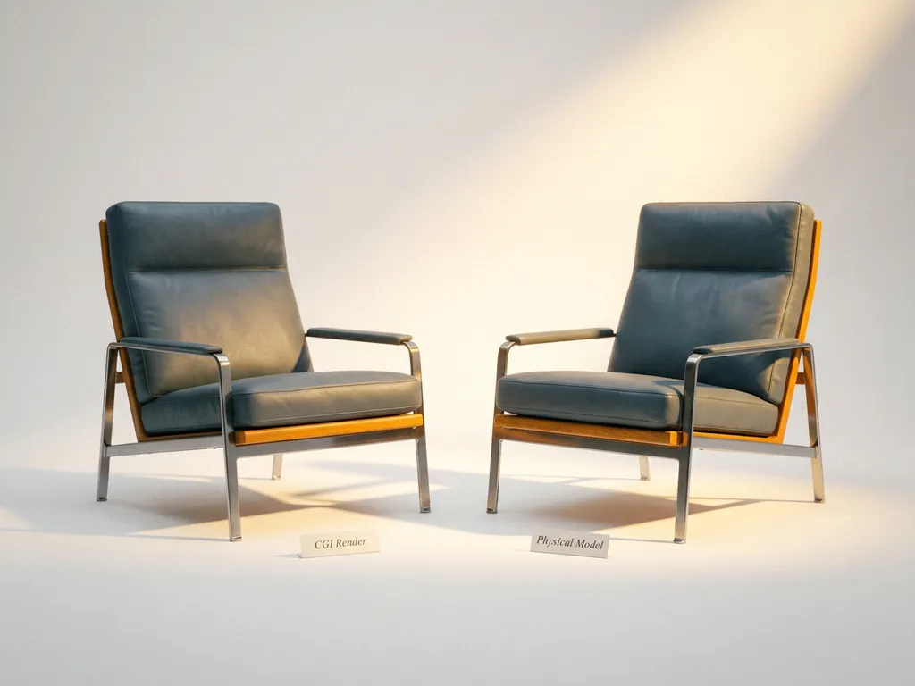 CGI render of a premium chair beside its physical counterpart on a white studio surface, warm golden spotlight highlighting material textures.
