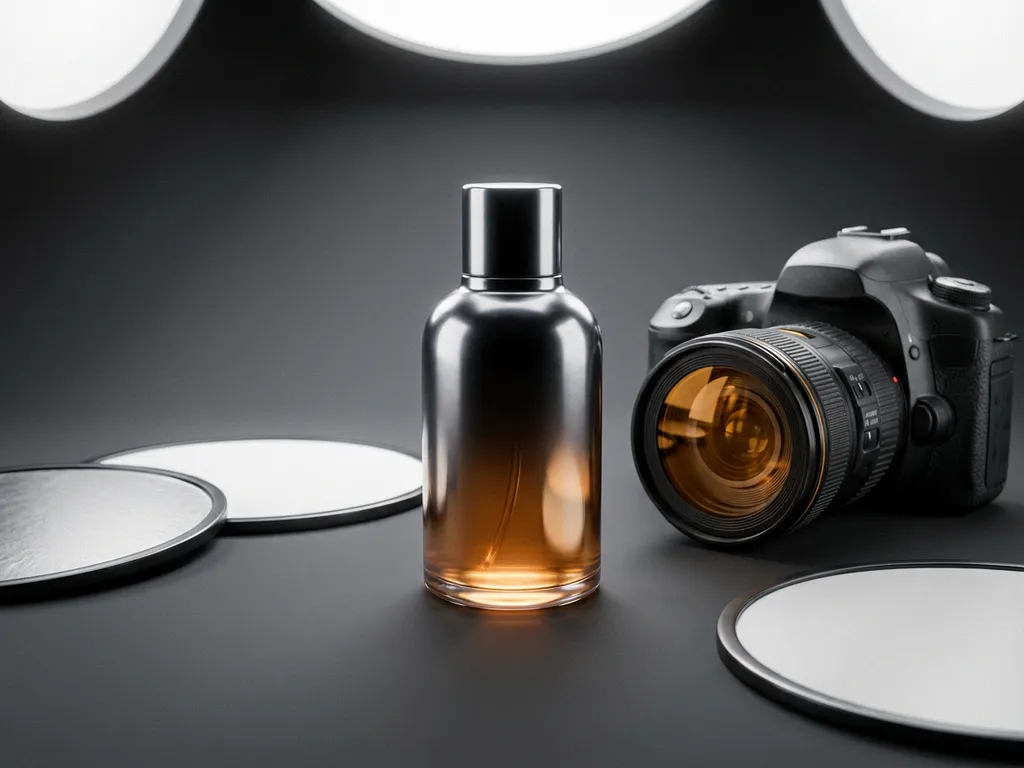 CGI product bottle with photorealistic sheen beside a professional camera and light reflectors on a studio surface.