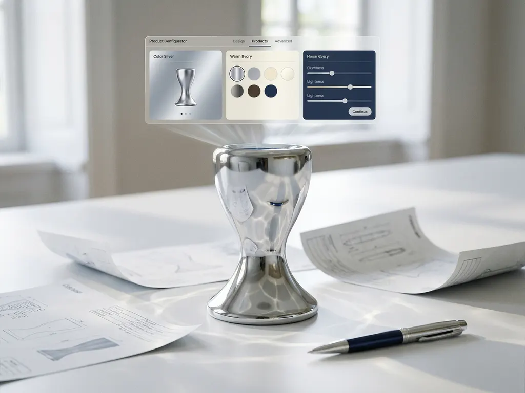 Chrome trophy-shaped product configurator on a white desk with spec sheets, pen, and soft caustic light reflections.