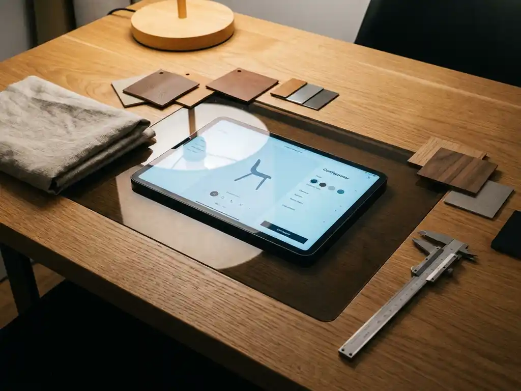 Product configurator interface reflected on a polished oak desk with material swatches, fabric sample, and metal measuring tool for customization pricing.