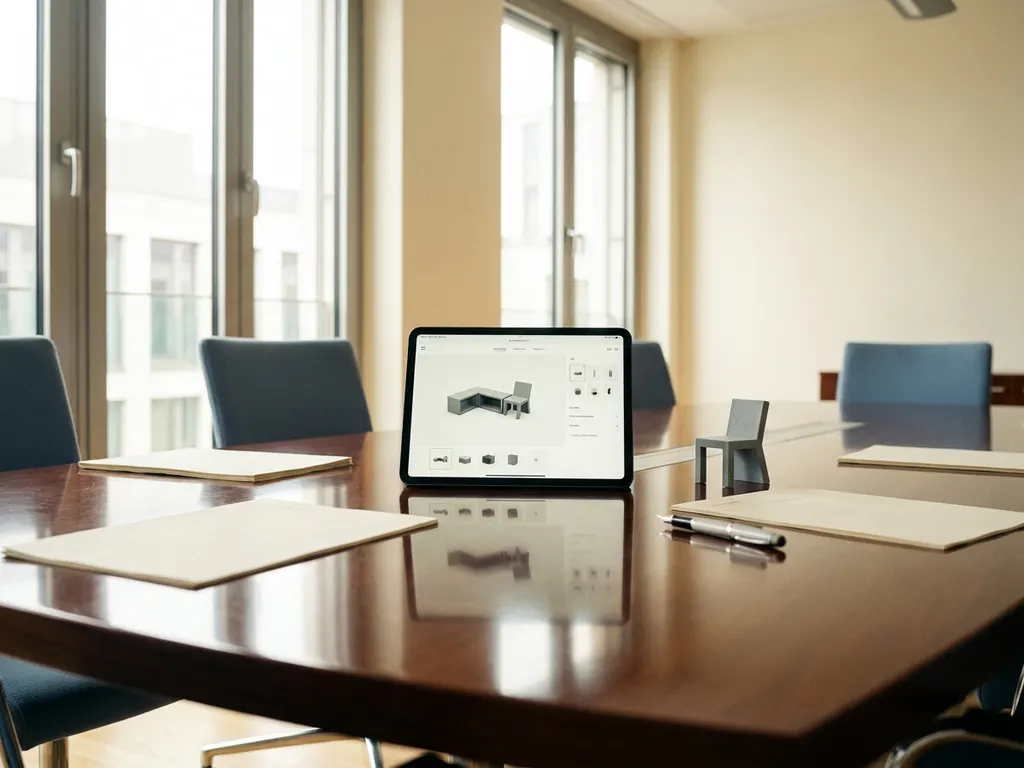 Product configurator interface reflected in a polished conference table beside pricing documents, a premium pen, and a 3D-printed model in a modern European office.
