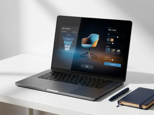Laptop on white desk displaying a glowing 3D product configurator interface, with a premium pen and notebook alongside in navy and amber tones.