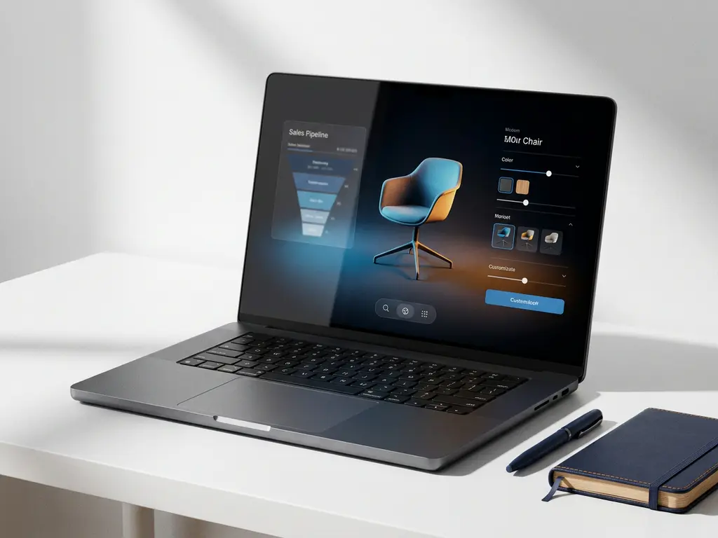 Laptop on white desk displaying a glowing 3D product configurator interface, with a premium pen and notebook alongside in navy and amber tones.