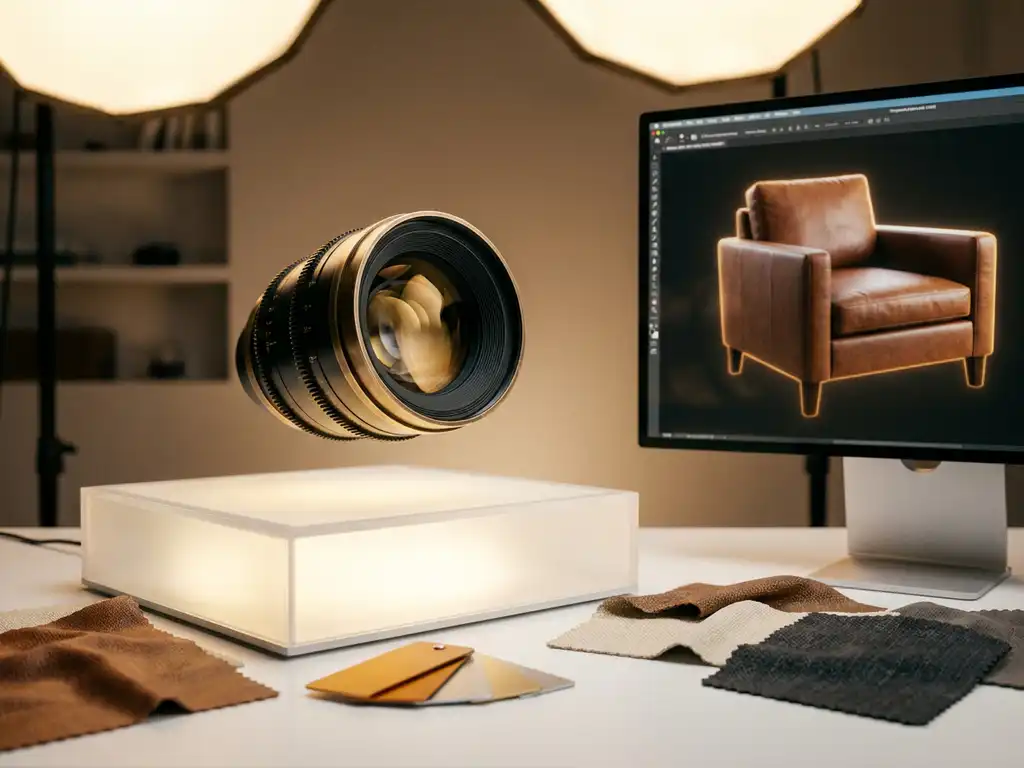 Camera lens above a studio lightbox beside a monitor displaying photorealistic CGI leather chair, with material swatches on a white desk.