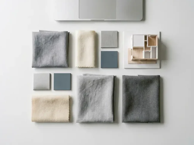 Fabric swatches, metal finish tiles, and a scale model arranged in a grid on a white surface beside a laptop.