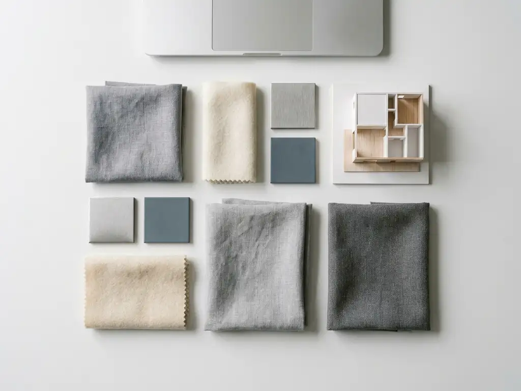 Fabric swatches, metal finish tiles, and a scale model arranged in a grid on a white surface beside a laptop.