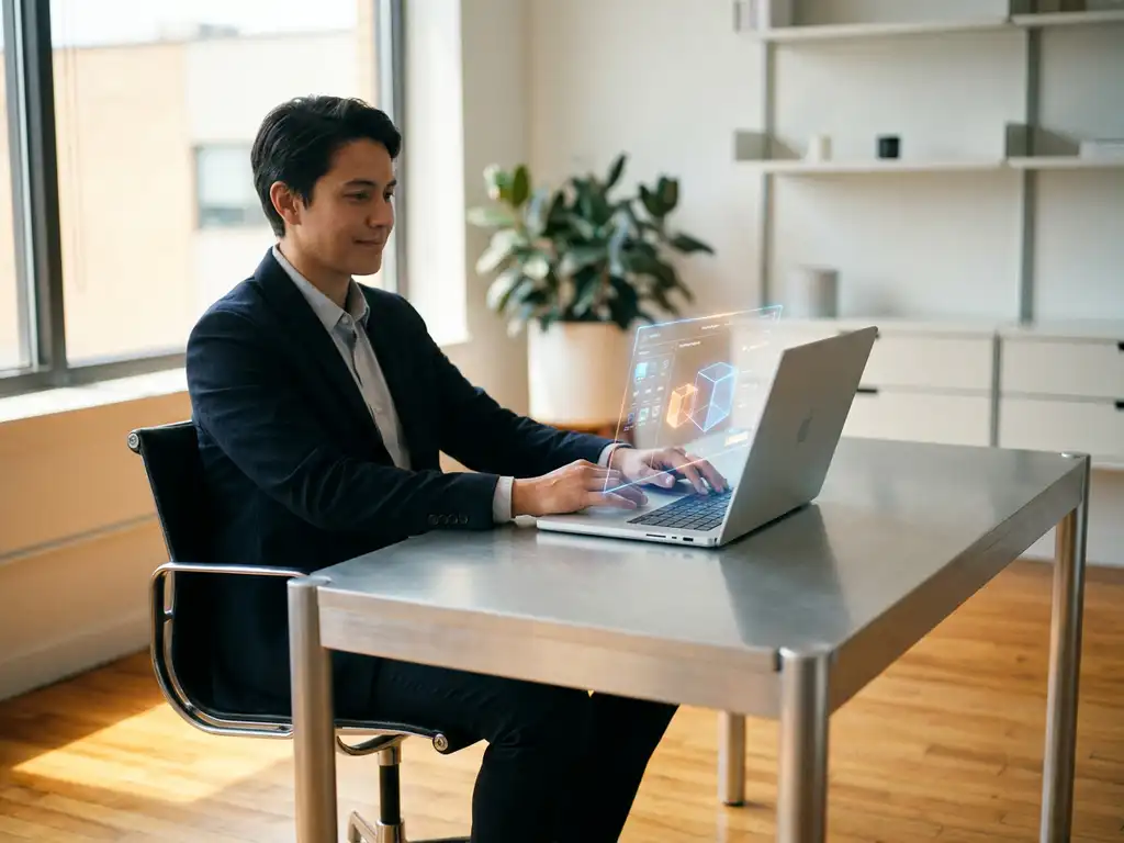 Professional using a 3D product configurator on a laptop at a modern minimalist desk, bathed in soft natural window light.