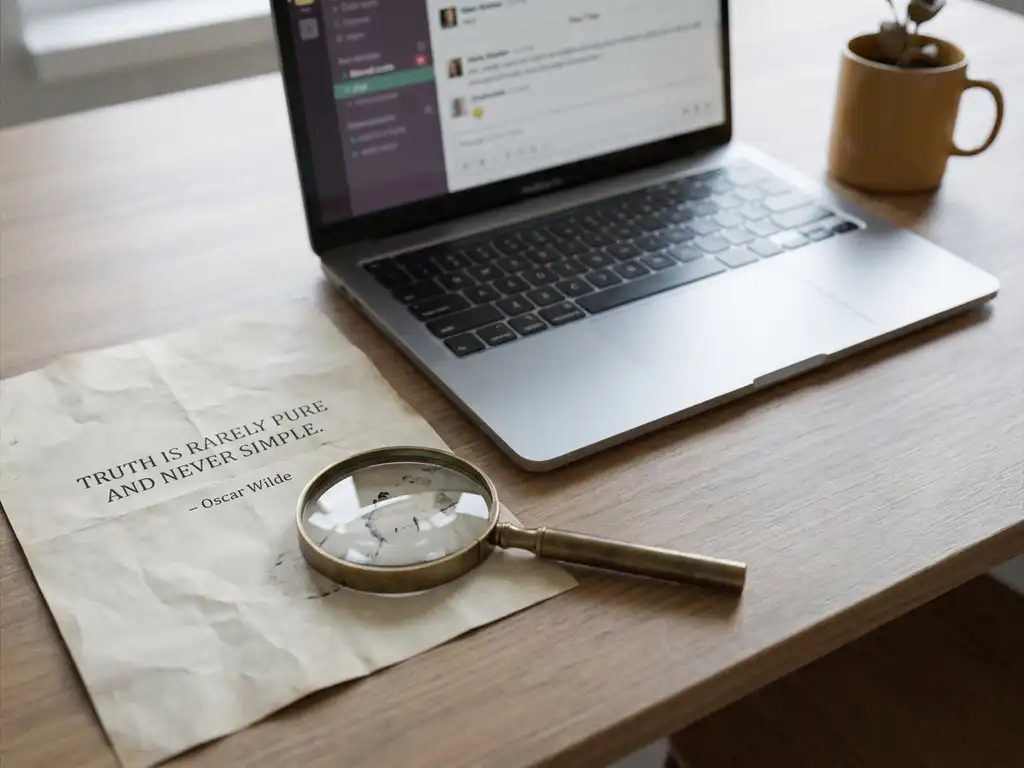 Magnifying glass on crumpled printed quote document beside a laptop displaying a chat interface, revealing subtle inconsistencies on a modern desk.