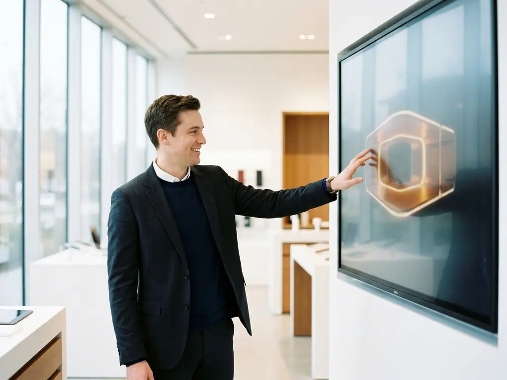 Sales professional using a touchscreen product configurator with a glowing 3D model in a bright modern showroom.