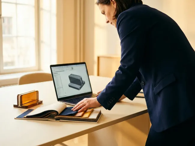 Sales professional in a blazer reviewing product configuration on a laptop surrounded by material swatches and product samples in a warmly lit office.