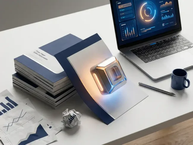 Sales proposal document transforming into a 3D product model on a white desk, laptop showing configuration interface, pricing sheets and stylus nearby.