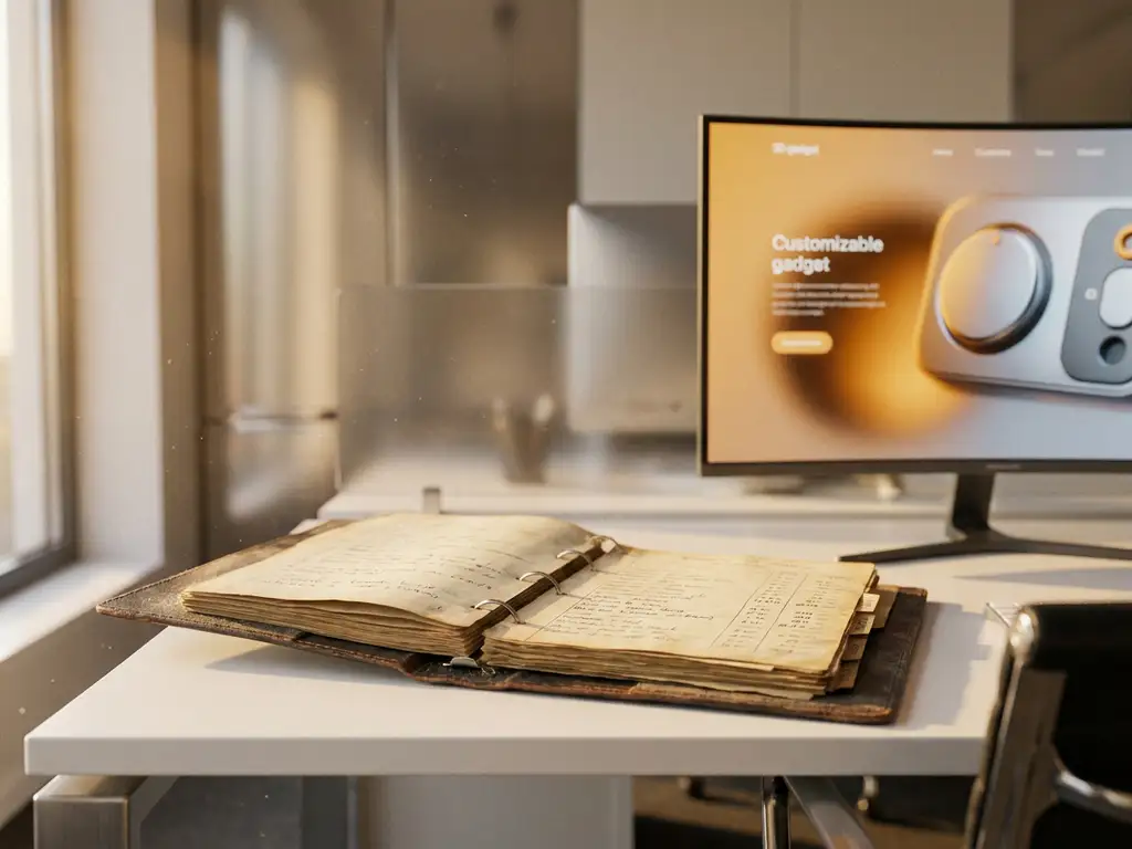 Vintage dusty price-quote binder open on a modern white desk, glowing 3D product configurator on a monitor in soft focus behind it.