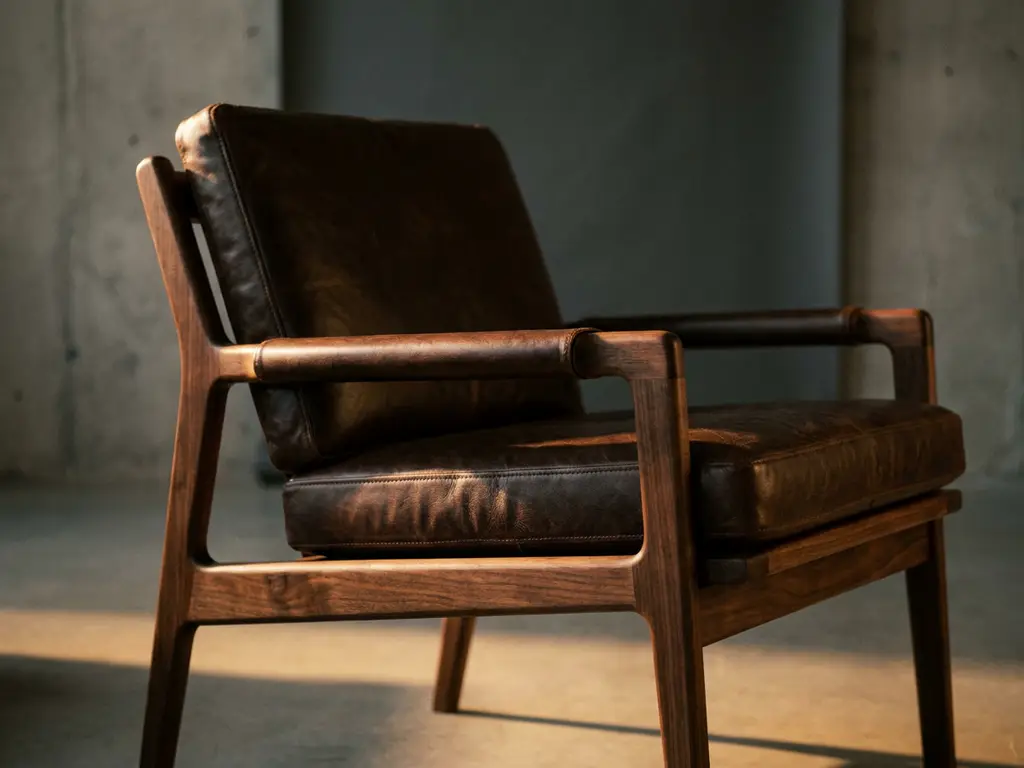 Walnut armchair with rich leather upholstery, shot at a three-quarter angle under dramatic raking light revealing wood grain and leather texture.