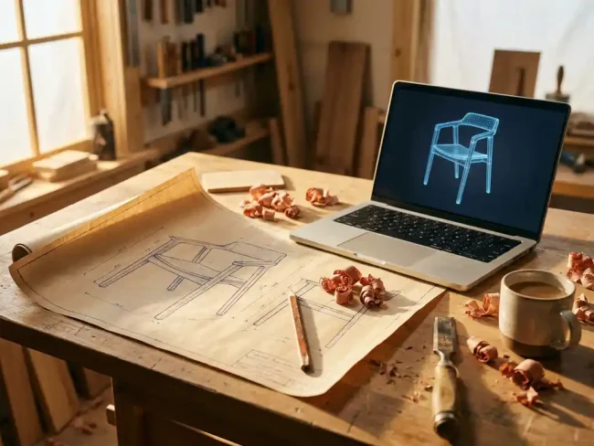 Wooden furniture blueprint on a drafting table beside a laptop showing a 3D chair wireframe, with wood shavings and carpenter's pencil nearby.