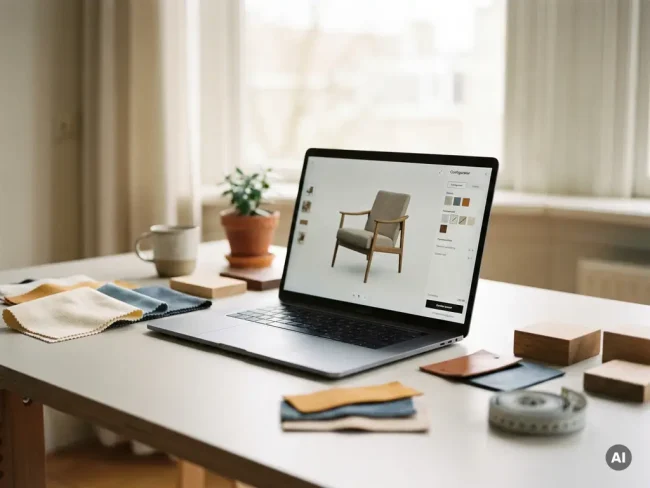 Laptop showing a 3D chair configurator on a design studio desk with fabric swatches and measuring tape in natural daylight.