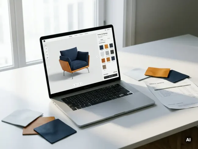 Laptop displaying a 3D product configurator on a white desk beside material swatches and a printed price quote in soft natural light.