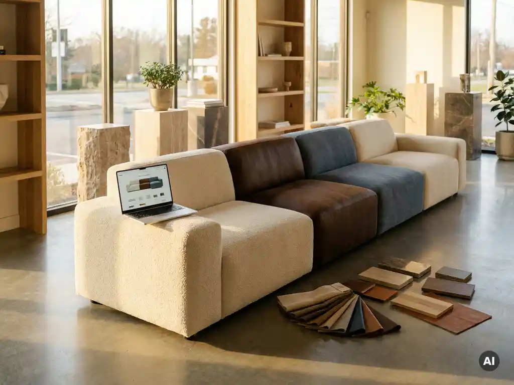 Customizable modular sofa in warm cream and walnut tones with fabric swatches and a configuration laptop in a sunlit showroom.