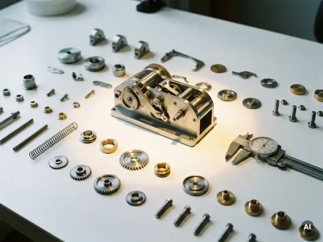 Precision mechanical component with interchangeable modular parts on white surface, one variant spotlit beside a measuring tool, silver and amber tones.