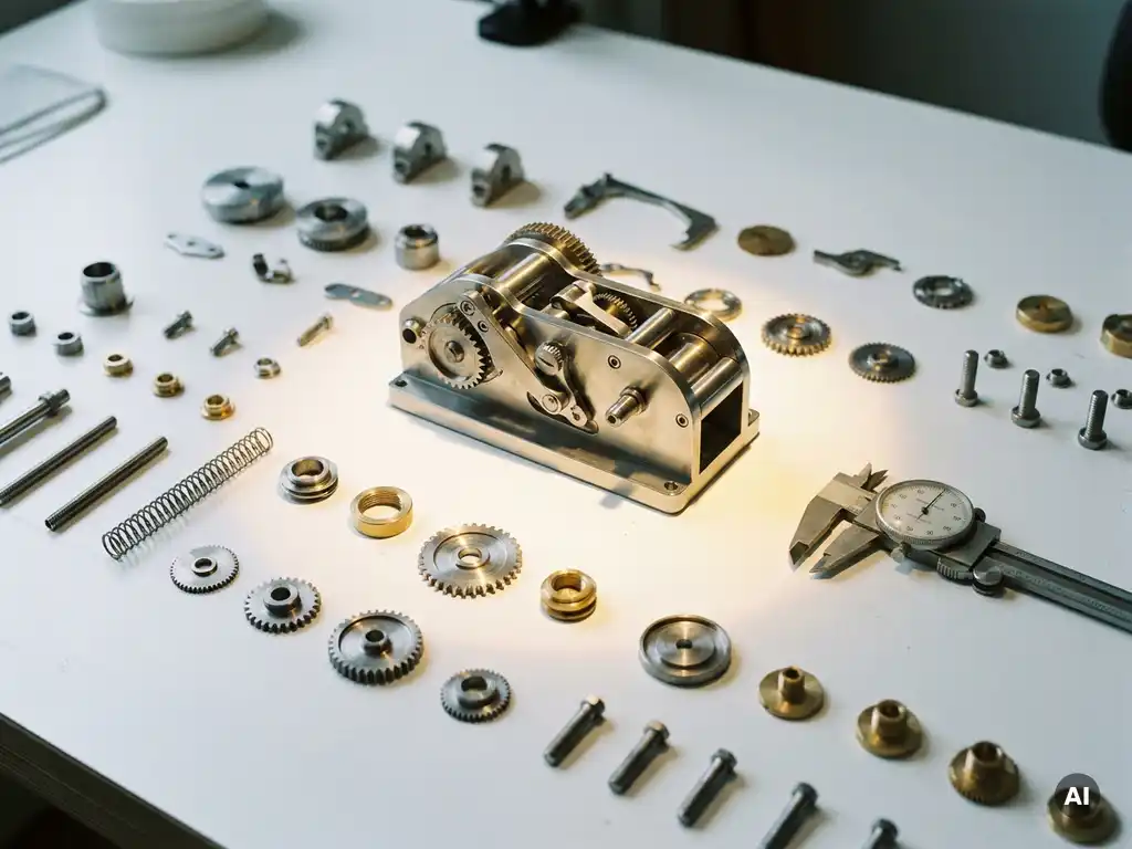 Precision mechanical component with interchangeable modular parts on white surface, one variant spotlit beside a measuring tool, silver and amber tones.
