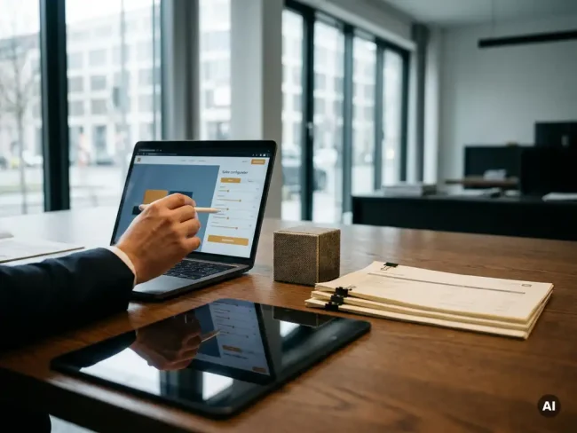 Confident hand adjusting product specs on a sales configurator laptop beside a premium sample and pricing documents on a polished oak desk.