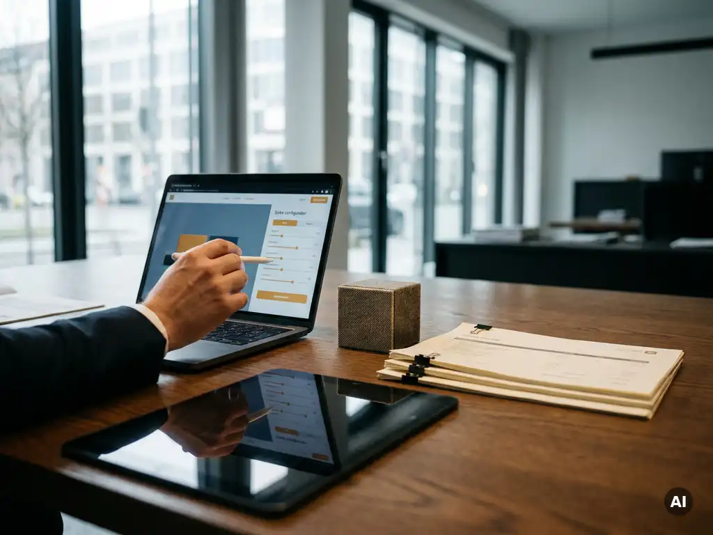 Confident hand adjusting product specs on a sales configurator laptop beside a premium sample and pricing documents on a polished oak desk.