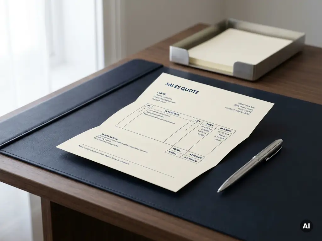 Polished pen resting beside a clean, perfectly formatted sales quote document on a modern desk in warm natural light.