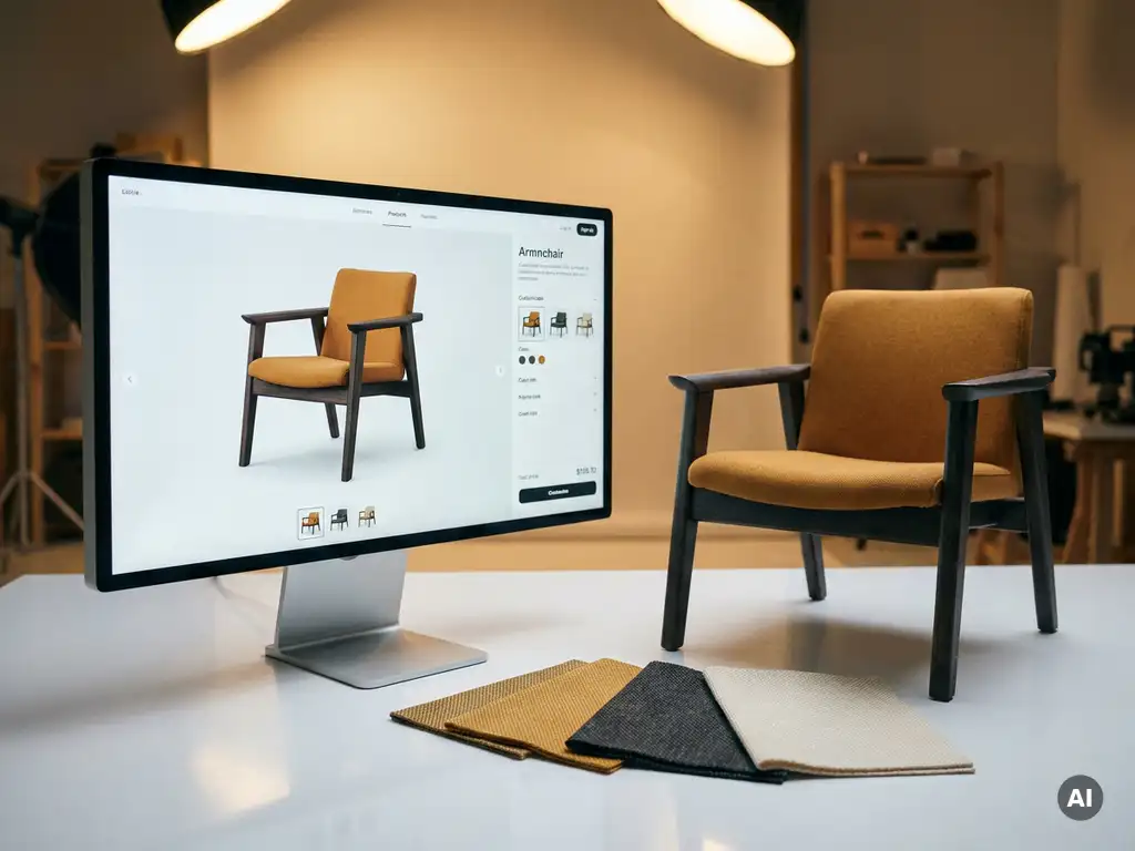 3D product configurator on studio monitor beside a customized chair with fabric swatches on white surface, warm golden lighting.
