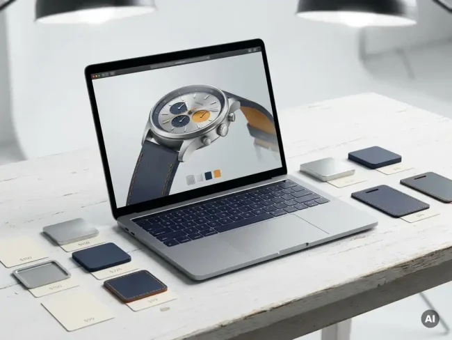 Laptop displaying a 3D product configurator interface on a white desk, surrounded by product samples in silver, navy, and amber finishes with price tags.