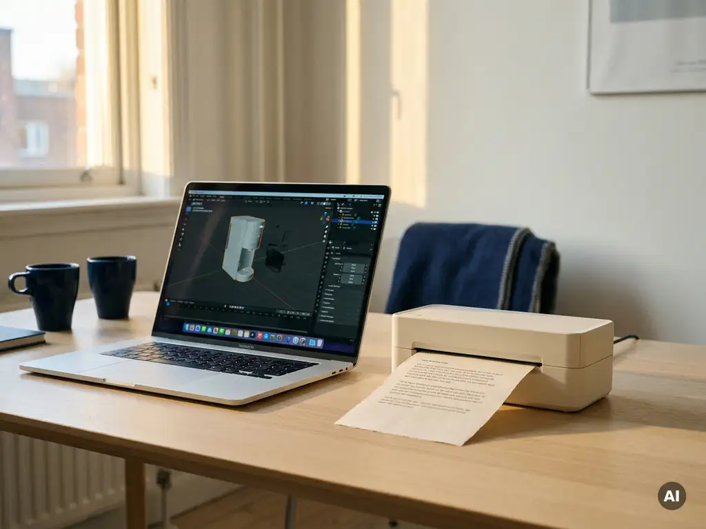 Laptop showing a 3D product configurator interface on a white desk beside a printed quote from a compact printer.